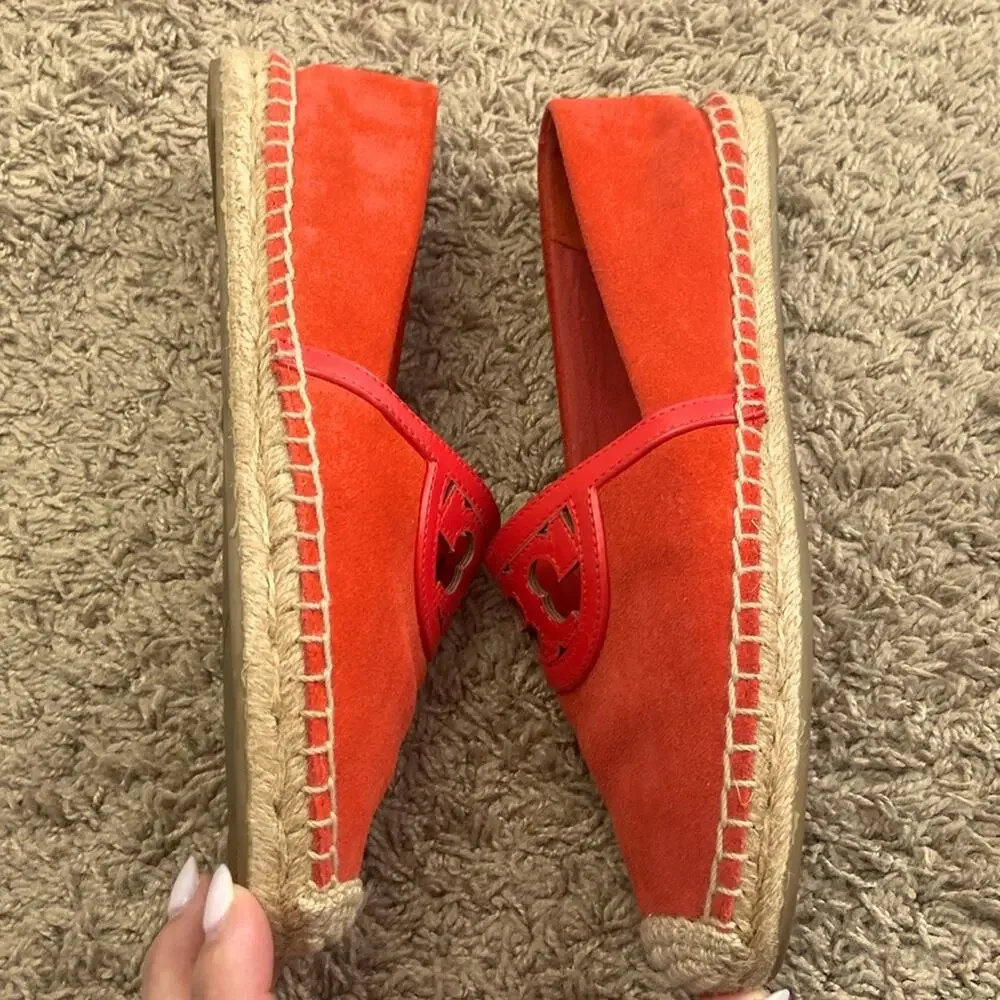 Tory Burch Women Red Canyon Suede Calf Leather Logo Espadrille Flats Size 7.5